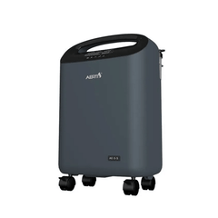 Dark gray Aerti oxygen concentrator with black handle and four caster wheels on white background