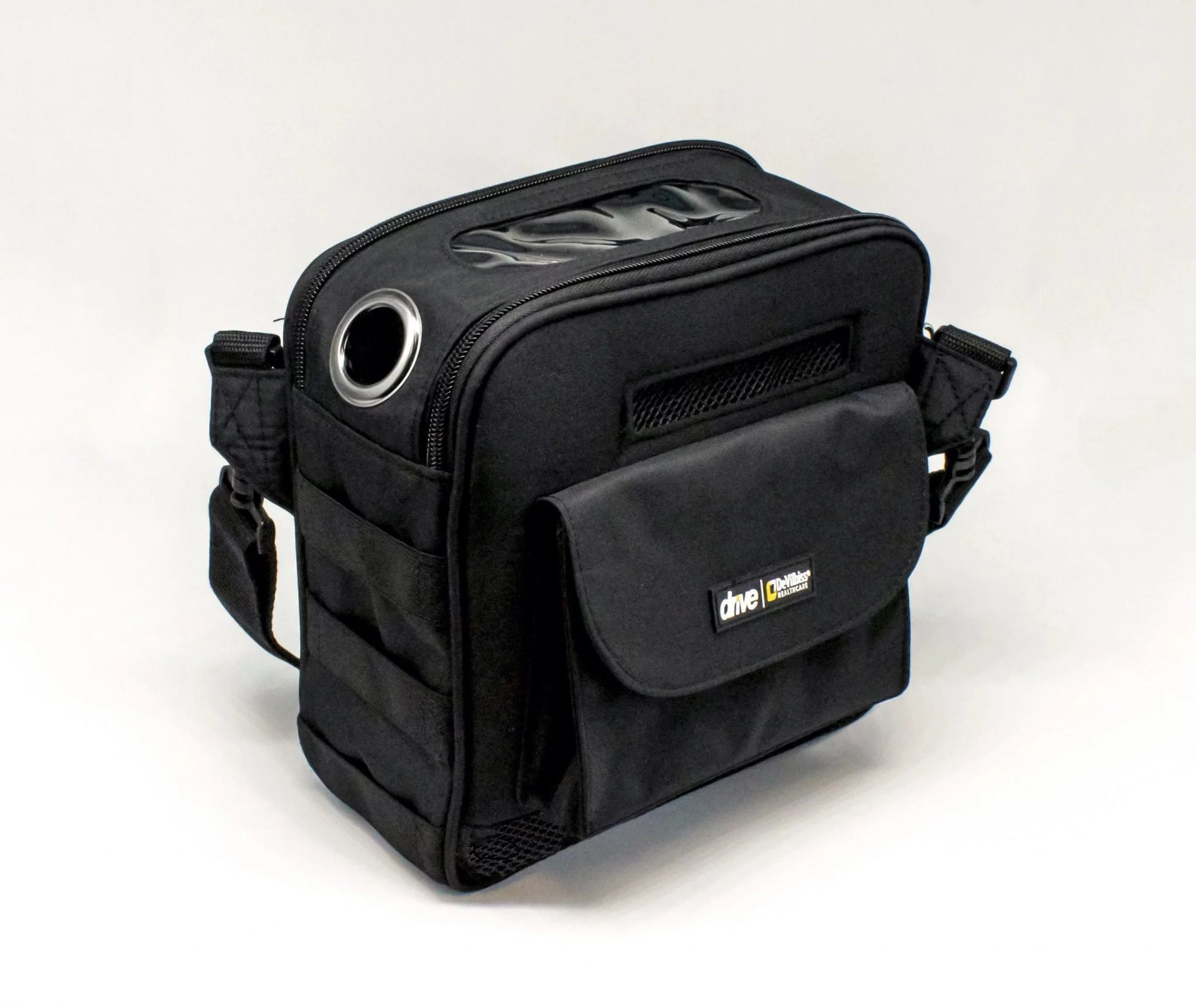 Black rectangular carrying case with front pocket, shoulder strap, clear top window, and metal ventilation ring.