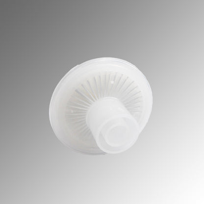 Cylindrical white air filter with radial pleats and a central nozzle extension on gradient background.