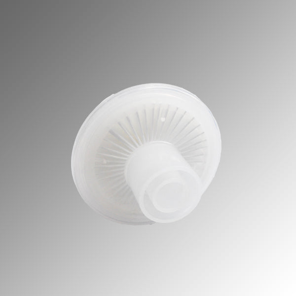 Cylindrical white air filter with radial pleats and a central nozzle extension on gradient background.