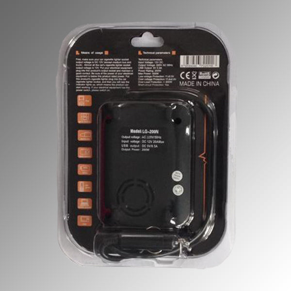 Black LG101 inverter and car charger in clear plastic packaging with technical specifications and icons.