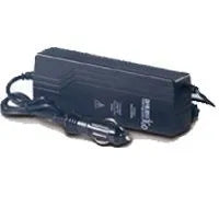 Black rectangular DC car charger with attached cable and plug for Devilbiss iGo2 oxygen concentrator.