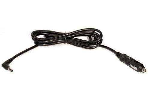 Black DC car charger cable with a coiled cord, one end for car outlet, and the other a small cylindrical plug.