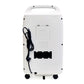White stationary oxygen concentrator with built-in handle, power cord, and caster wheels on the bottom.