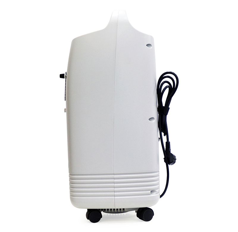 Side view of a white Olive 10L oxygen concentrator with wheels and a coiled power cord attached.