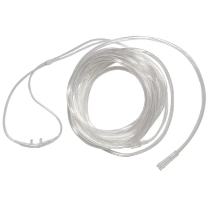 Clear adult nasal cannula with two prongs and a long coiled supply tube with connector.