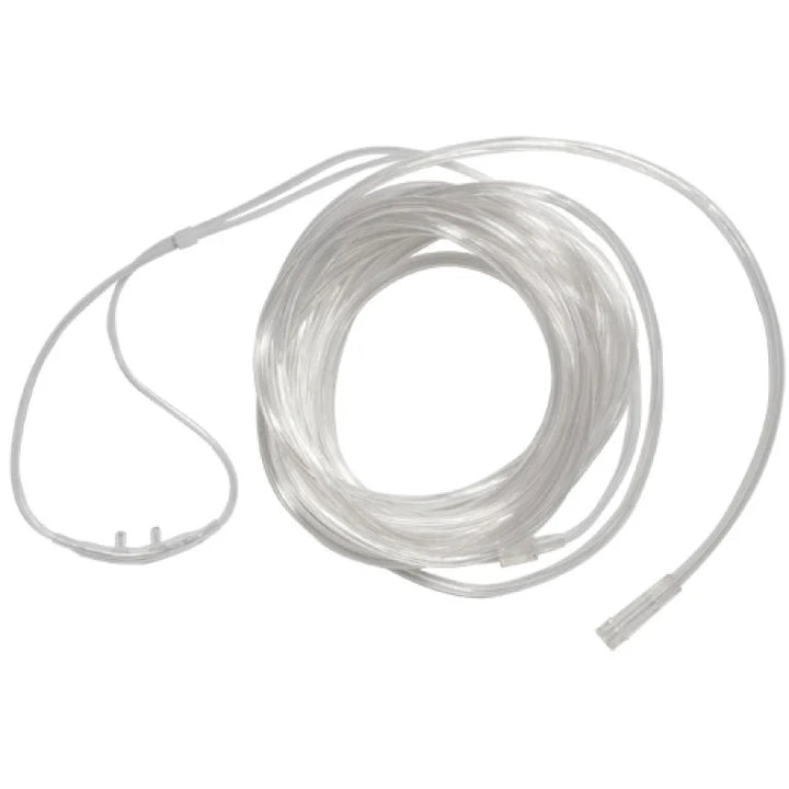 Clear adult nasal cannula with two prongs and a long coiled supply tube with connector.