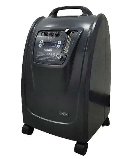 Compact black oxygen concentrator with handle, LCD display, control knobs, and four caster wheels.