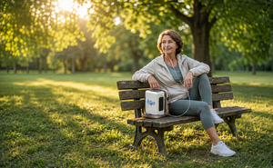 Airlux portable oxygen concentrator in beige carrying case on bench next to woman wearing nasal cannula.