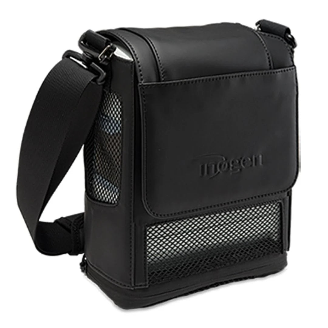 Black carrying case with mesh pockets, a flap cover, and an adjustable shoulder strap.