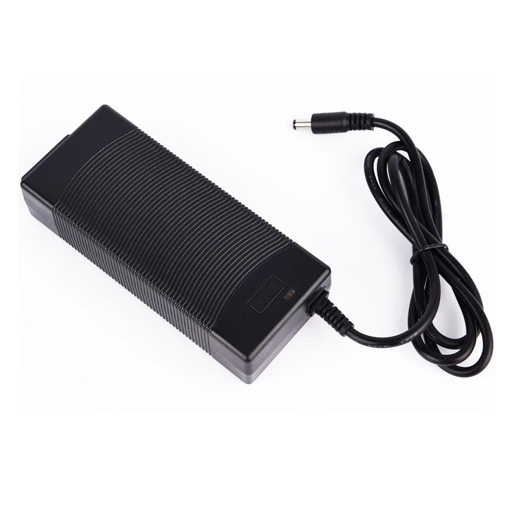 Black rectangular lithium battery charger with ribbed surface and attached power cable with round plug.