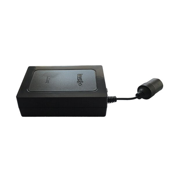 Black rectangular lithium battery pack with attached cable and cylindrical connector on white background.