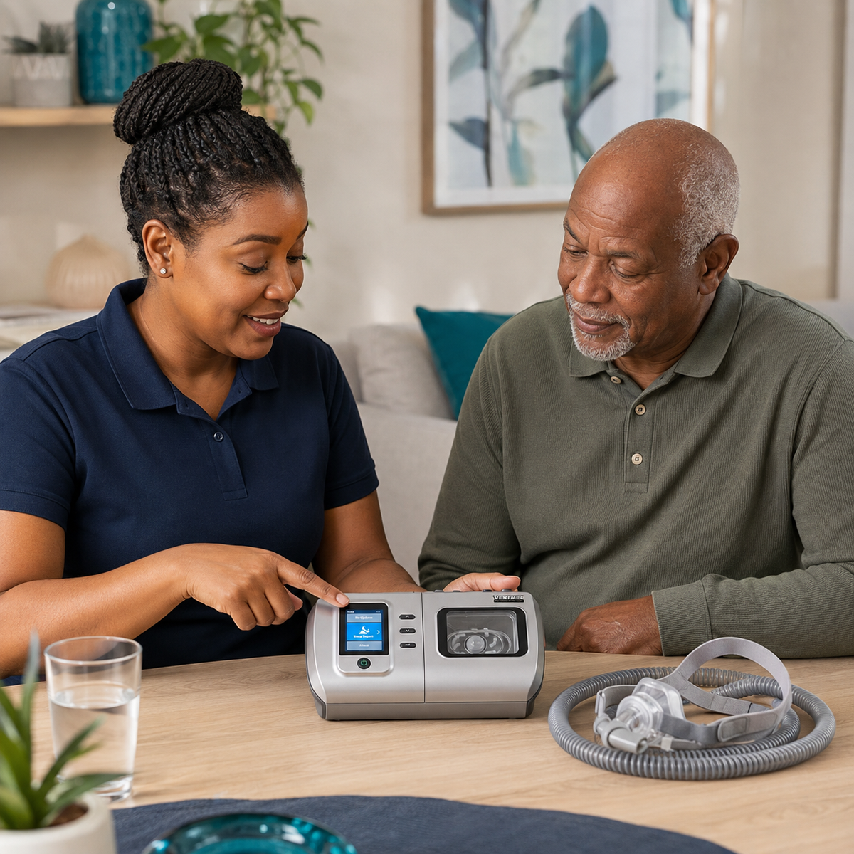A caregiver and an elderly man sit at a wooden table in a bright living room, looking at and using a portable home oxygen therapy monitor. The monitor is silver and gray with a small blue screen, and a gray oxygen mask and hose are coiled on the table next to it.