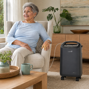 Black Aerti 5L oxygen concentrator with wheels and digital display next to seated woman using nasal cannula.