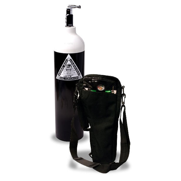 Black and white 3 litre oxygen cylinder with attached valve and black carry bag with shoulder strap.