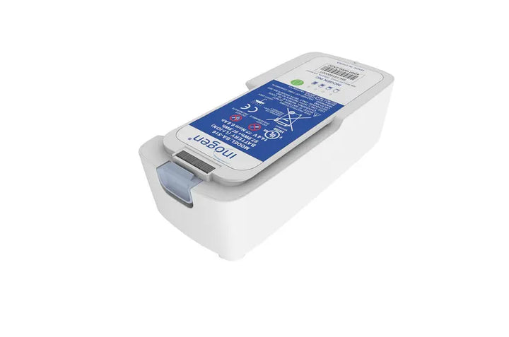 White rectangular Inogen One G5/Rove 6 16 cell battery pack with blue label and gray latch.