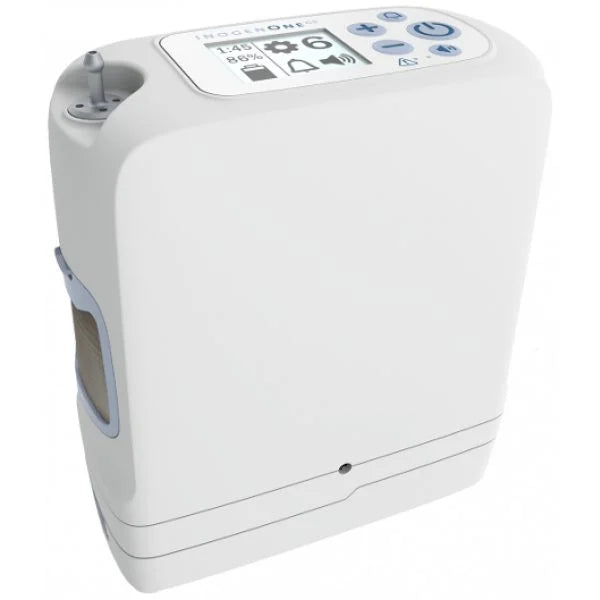 Compact white portable oxygen concentrator with digital display and control buttons on top.
