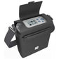 Compact black portable oxygen concentrator with carrying strap and digital control panel under flap cover.