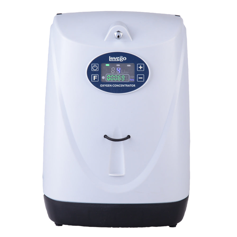 White and black portable oxygen concentrator with digital display, control buttons, and oxygen outlet port.