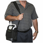 Man wearing a striped polo shirt carrying a black EasyPulse oxygen concentrator bag with visible unit handle.