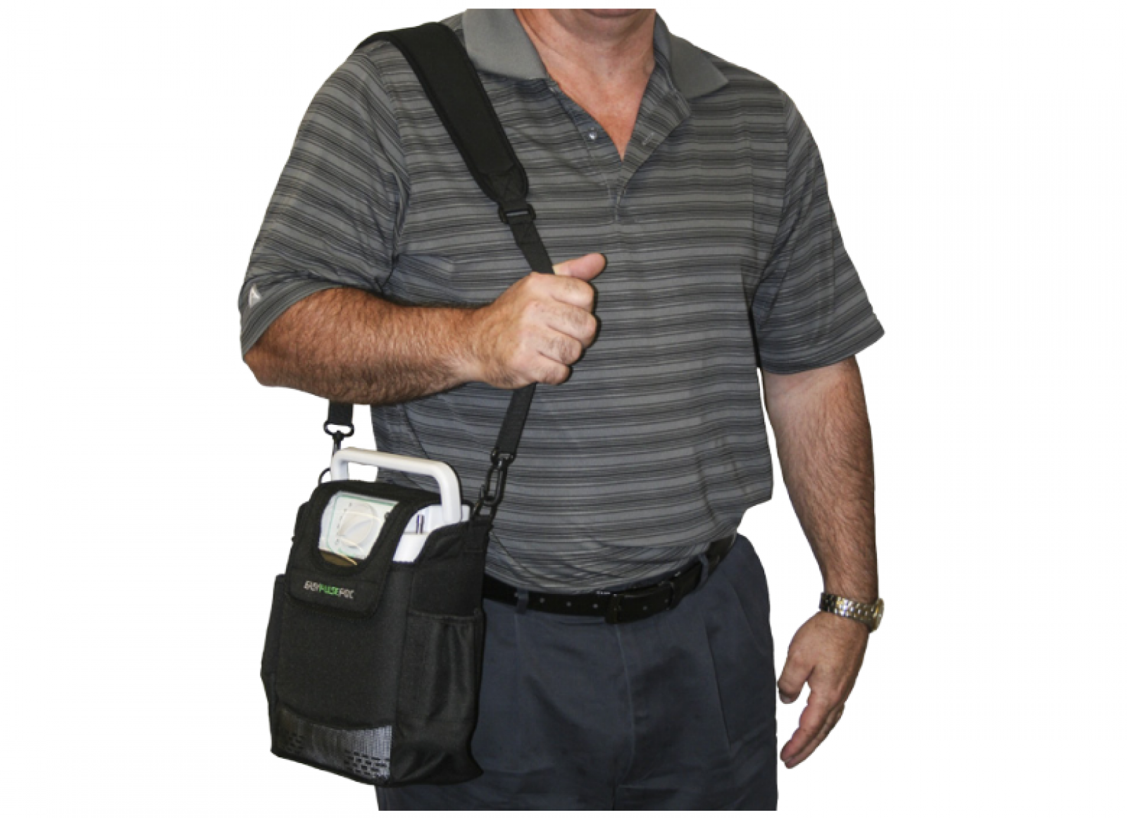 Man wearing a striped polo shirt carrying a black EasyPulse oxygen concentrator bag with visible unit handle.