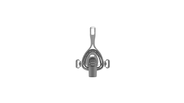 Compact CPAP nasal mask with soft cushion, adjustable headgear, and front air vent.