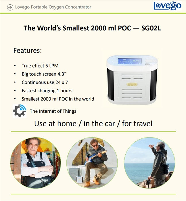 Compact white and black oxygen concentrator with a blue touchscreen and ventilation grills on the sides.