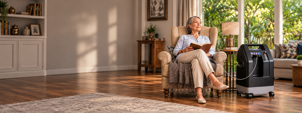 Senior woman at home next to an electric home oxygen concentrator, illustrating the importance of backup power during outages