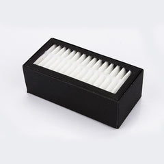 Rectangular air filter with white pleated material inside a black plastic frame.
