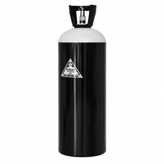 Black and white oxygen cylinder with pin-index valve and danger warning label on the body.