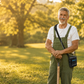 Man wearing a portable oxygen concentrator in a black carrying case with nasal cannula outdoors at sunset.