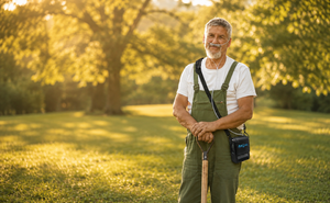 Man wearing a portable oxygen concentrator in a black carrying case with nasal cannula outdoors at sunset.