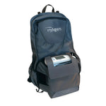 Gray Inogen backpack with front flap pocket partially open, showing a medical device inside.