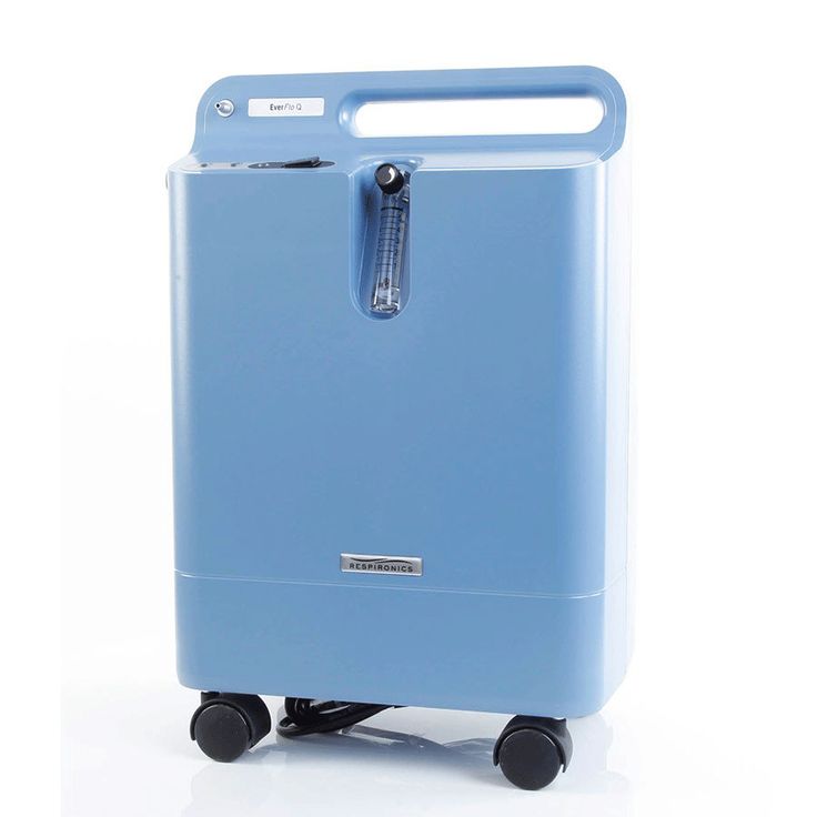 Blue Philips EverFlo oxygen concentrator with flow meter, handle on top, and four caster wheels.