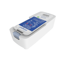 White rectangular portable oxygen concentrator battery with blue label and gray release latch on one end.