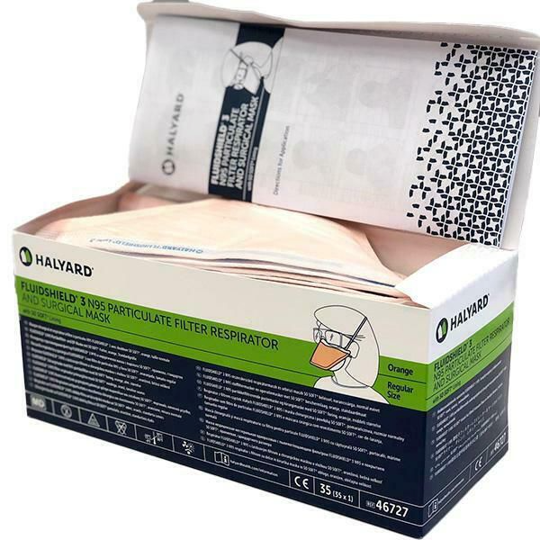 Open box of Halyard N95 duckbill masks with orange masks visible inside.