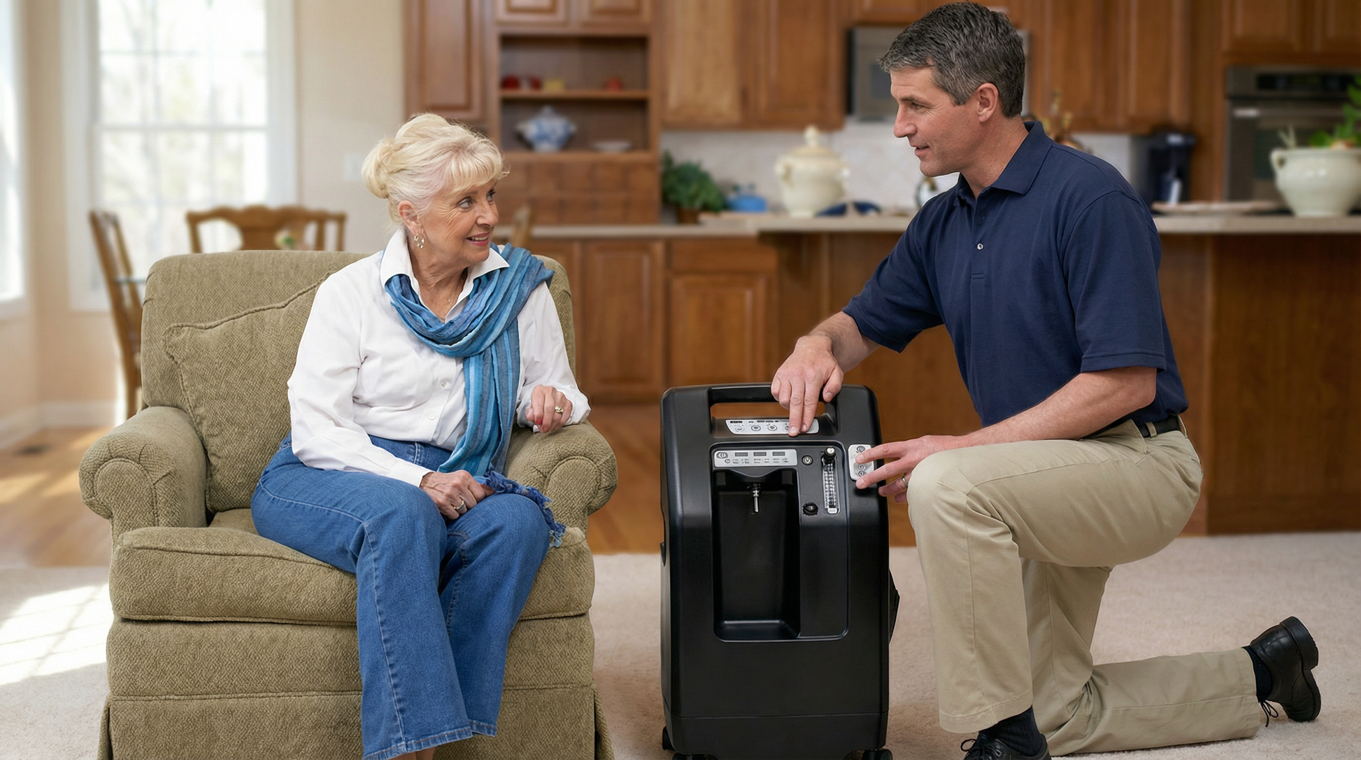 Black DeVilbiss 5 Litre home oxygen concentrator with control panel and flow meter, next to seated elderly woman and