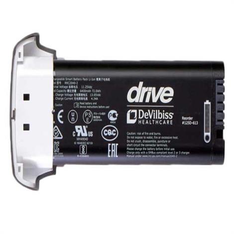 Black cylindrical lithium battery pack with Drive and DeVilbiss Healthcare logos and safety icons.