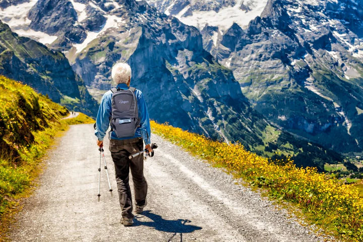 Gray Inogen One G5 backpack with logo worn by a hiker on a mountain trail surrounded by wildflowers and snowy peaks.