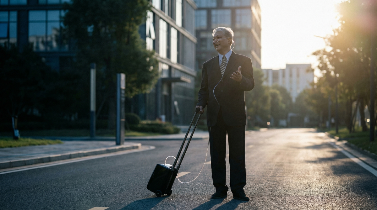 Passenger using a lightweight portable oxygen concentrator for travel